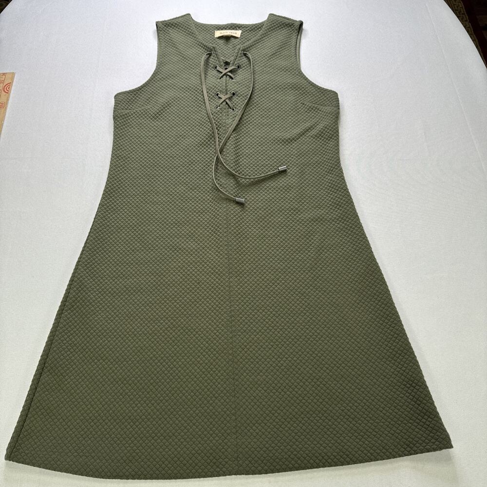 Black Swan Womens L Olive Green Quilted Lace Up Shift Dress Sleeveless Boho